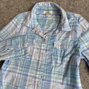 LEI Womens Blue Green Plaid Snap Front Western Shirt Long Sleeve Size Large